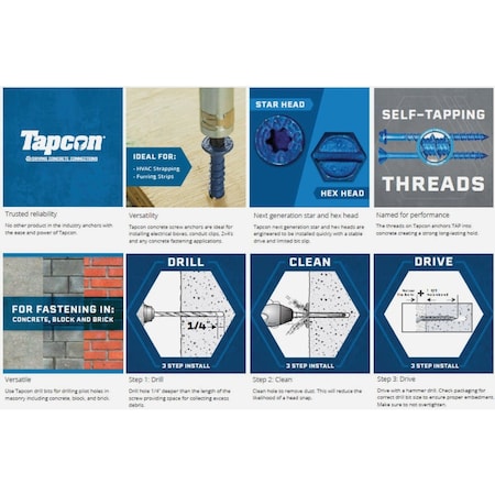 Tapcon 3/16'' x 2-1/4'' Star Drive Flat Head Concrete Screw Anchor, 225 Ct. 28560