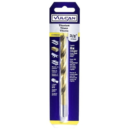 Vulcan Jobber Drill Bit, 3/8 in Dia, 5 in OAL, 3-Flat Shank 220391OR