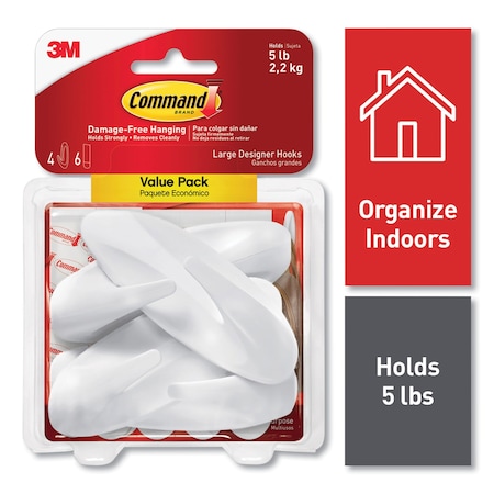 Command General Purpose Hooks, Large, Plastic, White, 5 lb Capacity, 4 Hooks and 6 Strips 17083-4ES