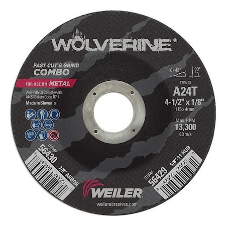 Weiler Abrasive Grinding Wheel, Type 27, 4 1/2 in Dia, 0.125 in Thick, 7/8 in Arbor Hole Size, 24 Grit 56430