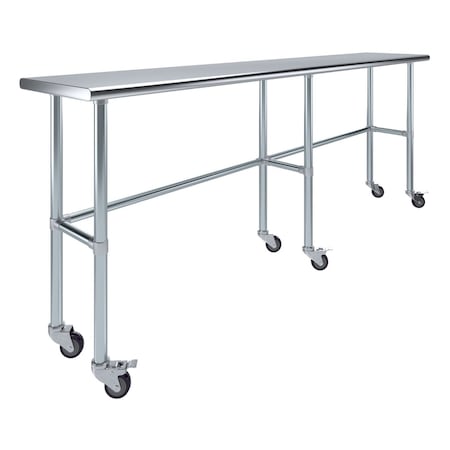 Amgood 18in D x 96in L Stainless Steel Open Base Table, 3in Casters AMG WT-1896-RCB-WHEELS-Z