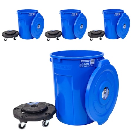 Magnum Tool Blue 32 Gallon Trash Can Set, Trash Can, Quiet Dolly, and Reinforced Lid, 4 Set CMTC-CLD0-32B04