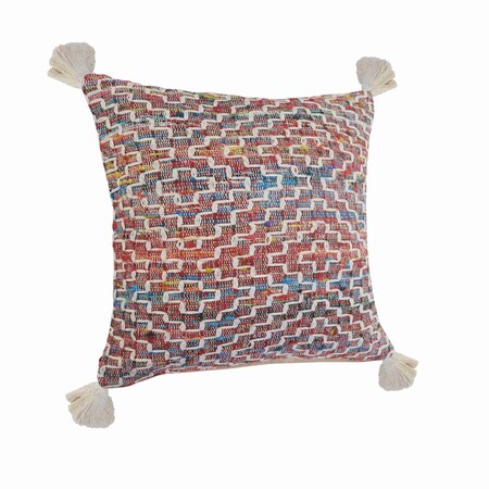 Homeroots 20" Red Blue And Natural Geometric Polyester Blend Throw Pillow Cover with Tassels 714214