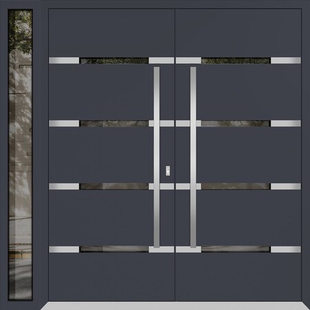 Vdomdoors Metal Double Doors Deux 1105 Gray Graphite Mirrored Glass 1 Sidelight Entry Modern Painted 88x80 (W DEUX1105DEXD-GRE-W72+16xH80-RH-O