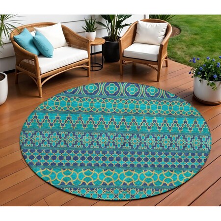 Homeroots 8' Teal Blue And Navy Blue Round Quatrefoil Washable Indoor Outdoor Area Rug 583254