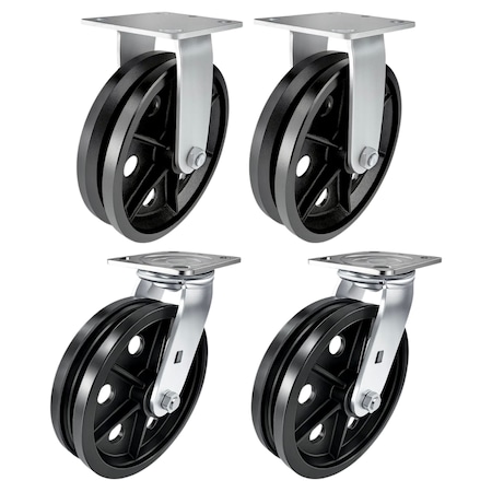 Hyw Products Heavy Duty Caster Set 8in V-Groove Wheels, 2 Rigid & 2 Swivel, 4PK 40-80R-A1-VG-2,40-80S-A1-VG-2