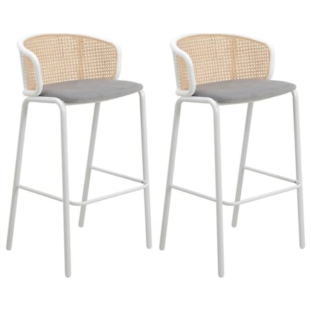 Leisuremod Ervilla Wicker Bar Stool with Fabric Seat and White Powder Coated Steel Frame, Grey, 2PK EBW-31GR2