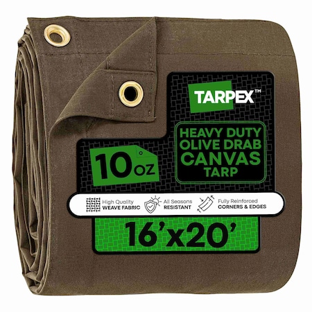 Tarpex Heavy Duty Tarp, 16 ft x 20 ft, Olive Drab, Canvas CTOD10-TA-1620