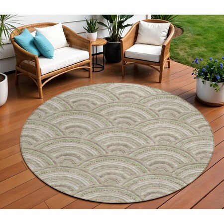 Homeroots 8' Taupe Fern Green And Ivory Round Geometric Washable Indoor Outdoor Area Rug 615244