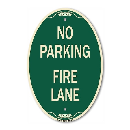 Signmission No Parking Fire Lane with Striped Border, 12 In X 18 In Architectural Oval, Heavy Gauge Aluminum A-OV-G-1218-23623