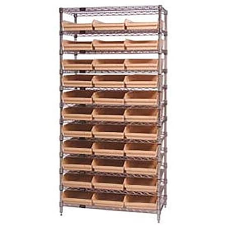 Global Industrial Chrome Wire Shelving with 33 4"H Plastic Shelf Bins Stone, 36x18x74 268975BG