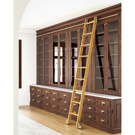 Quiet Glide 8.92 ft. Cherry Sunburst Wheel Brushed Satin Brass Rolling Ladder, 12 ft. Rail QG.210-9CH-12-H.06B