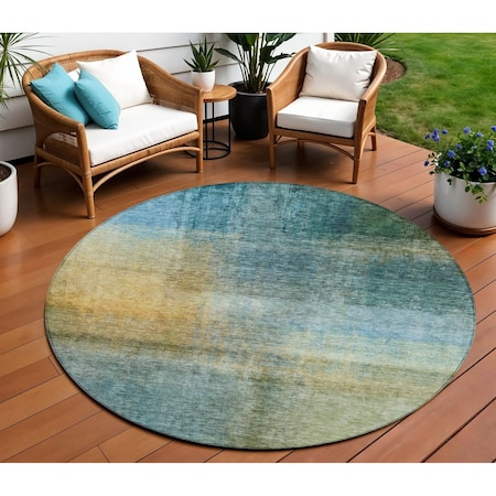 Homeroots 8' Blue Gold And Green Round Abstract Washable Indoor Outdoor Area Rug 603631