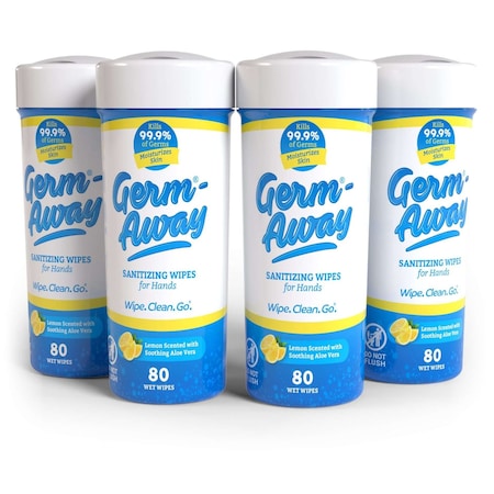 Germ-Away Sanitizing Hand Wipes 80ct Cone Canister, 4PK, Lemon, Alcohol-free, Antibacterial w/ Aloe, 4PK GA71925AH