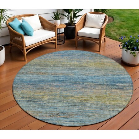 Homeroots 8' Denim Blue Round Striped Washable Indoor Outdoor Area Rug 608469