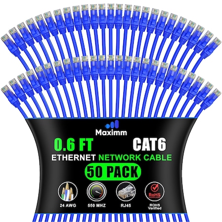 Maximm Cat6 Ethernet Cable 0.6ft 10Gbps 550MHz UTP, 50PK, Blue, 50PK BL50PK01