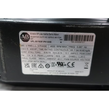 Allen Bradley Allen Bradley Vpl-B1303F-Pk12As Servo Motor 3.78Hp 4000Rpm 8.80Nm 480V-Ac VPL-B1303F-PK12AS