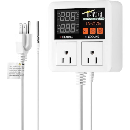 Ipower Digital Temperature Controller, 1200W 10A Dual Outlet Thermostat Plug, 2-Stage Heating/Cooli GLCTRLHEATCOOL10