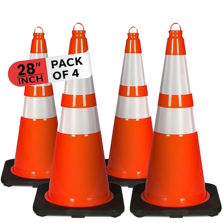 Pyle Traffic Cone Set, PVC, 28 in Height, Fluorescent Orange 4 PK PTCN28X4