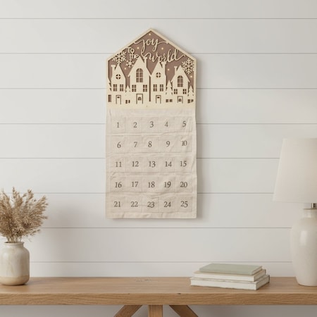 Homeroots 35" X 17" Beige Christmas Advent Calendar Joy to the World Wood Hanging Wall Decor 634260