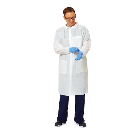 Medline Disposable Knit-Cuff Multilayer SMS Lab Coat with Traditional Collar, White, Size M NONSW100MH