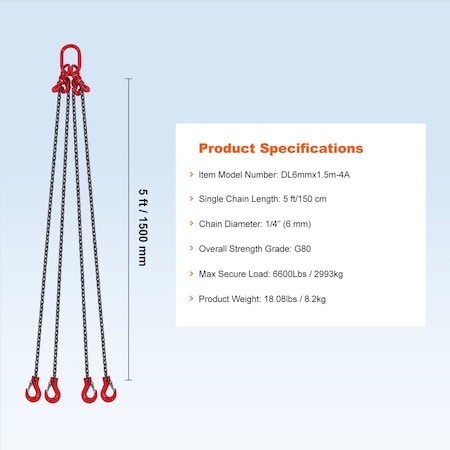 Vevor 5/16" x 10' Chain Sling 4 Legs G80 Lifting Chain with Grab Hooks 11000 lbs DL8mmx3m-4B