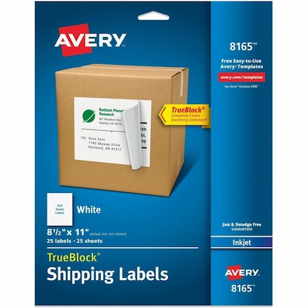 Avery White Shipping Labels With TrueBlock Technology, 8-1/2" x 11", 25 Labels Per Pack 8165