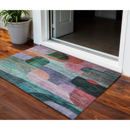 Homeroots 3' X 5' Green Purple And Blue Abstract Washable Indoor Outdoor Area Rug 604366