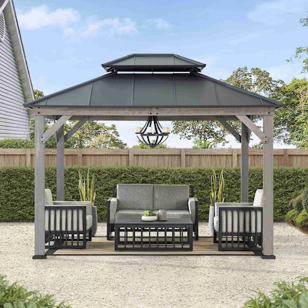 Sunjoy 10x12 ft. Wood Gazebo, Outdoor Patio Steel Hardtop Gazebo, Cedar Framed Wooden Gazebo, Matte Black A1020326Q1