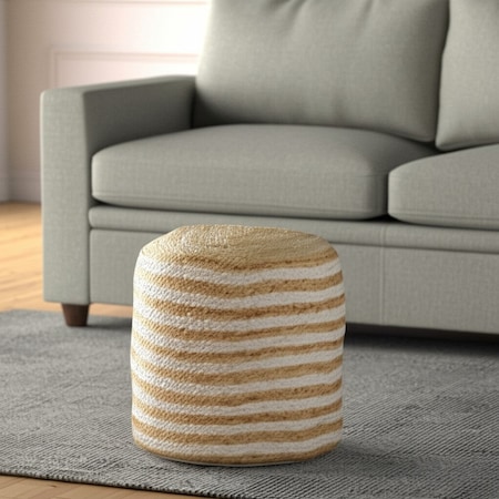 Homeroots 18" Natural And White Jute Blend Cylinder Striped Pouf Ottoman 551558
