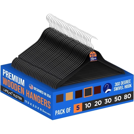 Lifemaster Wooden Hangers, Swivel Hook, Non-Slip, Pants Bar, Holds 10 lbs, Black, 5PK LMWD5BK