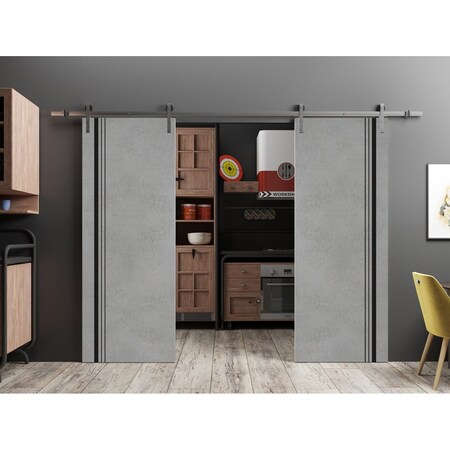 Sartodoors Sliding Double Barn Doors with Hardware, Planum 0011 Concrete and Aluminum Strips, 13FT Rail Hanger PLANUM0011DB-S-BTN-3684