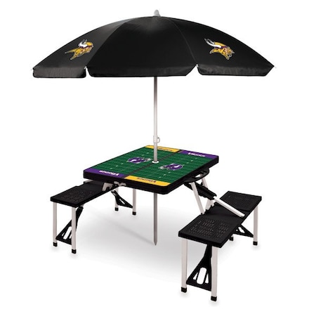 Picnic Time Family Of Brands Minnesota Vikings - Picnic Table Portable Folding Table with Seats and Umbrella, (Black) 811-02-175-185-2