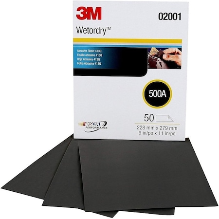 3M Tri-M-ite Sandpaper Sheet, 11 in L, 9 in W, 500 Grit, Silicon Carbide Abrasive, Paper Backing 02001