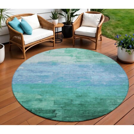 Homeroots 8' Teal Blue And Aqua Round Striped Washable Indoor Outdoor Area Rug 610909