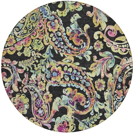 Homeroots 8' Black And Artichoke Green Round Paisley Washable Indoor Outdoor Area Rug 588596