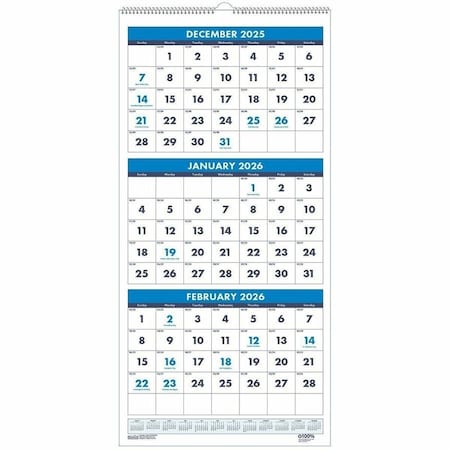 House Of Doolittle Recycled Three-Month Format Wall Calendar, Vertical, 8 x 17, 14-Month: Dec 2024 to Jan 2026 HOD3646