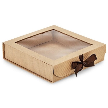 Nashville Wraps Kraft Pinstripe Folding Box with Window, Ribbon Closures, 8x8x2in, 18PK FBB8KR