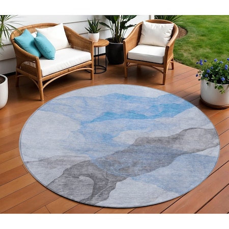 Homeroots 8' Sky Blue And Gray Round Abstract Washable Indoor Outdoor Area Rug 631847