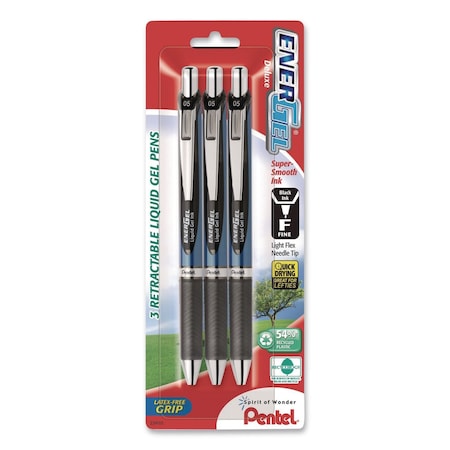 Pentel EnerGel RTX Gel Pen, Retractable, Fine 0.5 mm, Black Ink, Black/Blue Barrel, 3PK BLN75BP3A