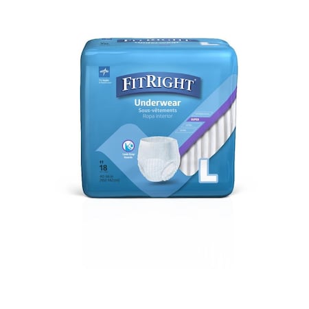 Medline FitRight Super Protective Adult Underwear, Size L, for Waist Size 40in-56in, 72PK MSC33505
