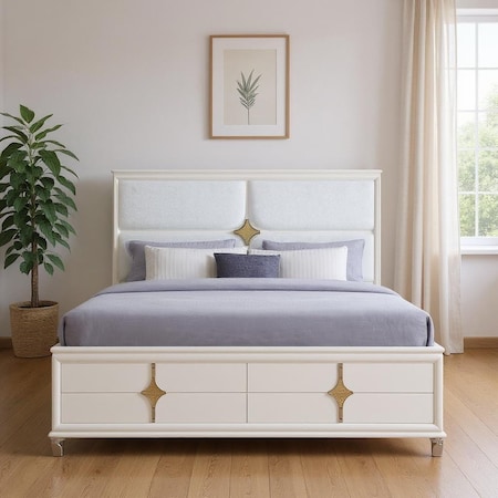 Homeroots Gold and White Wood And Upholstery Lighted Queen Bed Frame 634347