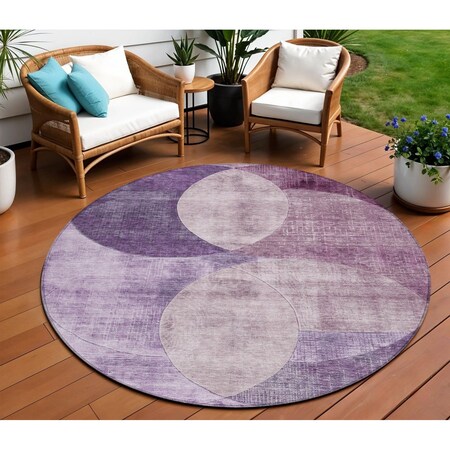 Homeroots 8' Purple And Lavender Round Geometric Washable Indoor Outdoor Area Rug 604925