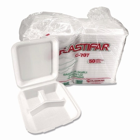 Plastifar Foam Hinged Lid Containers, 3-Compartment, 7.56 x 8.25 x 2.38, White, Foam, 200PK 12109