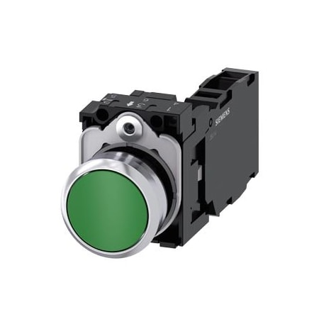 Siemens Pushbutton, 22 mm, round, metal, shiny, green, pushbutton, flat 3SU1150-0AB40-1FA0-ZY11