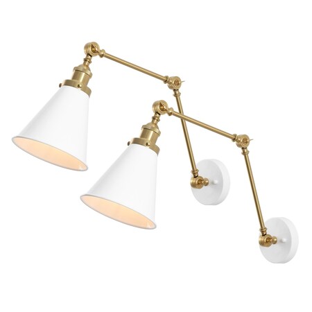 Jonathan Y Rover 7" Classic Industrial Metal Adjustable Arm LED Wall Sconce, White/Brass Gold, 2PK JYL7462B-SET2