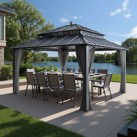 Sunjoy Kingston 14x12 Gazebo, Steel Hardtop Gazebo with Curtain and Netting - Gray Aluminum Posts A10204366100