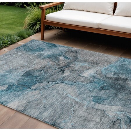 Homeroots 9' X 12' Teal Blue And Navy Blue Abstract Washable Indoor Outdoor Area Rug 581777
