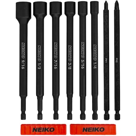 Neiko Magnetic Impact Nut Driver and Power Bit Tool Set 8 Pieces, SAE, 6 Inches, Magnetic Tip Sockets 10067A