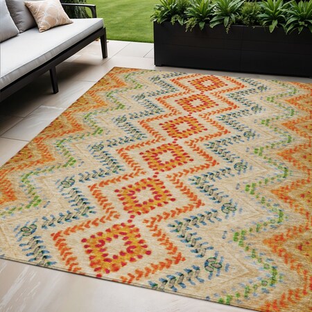 Homeroots 5' X 8' Beige Orange And Red Geometric Washable Indoor Outdoor Area Rug 581522